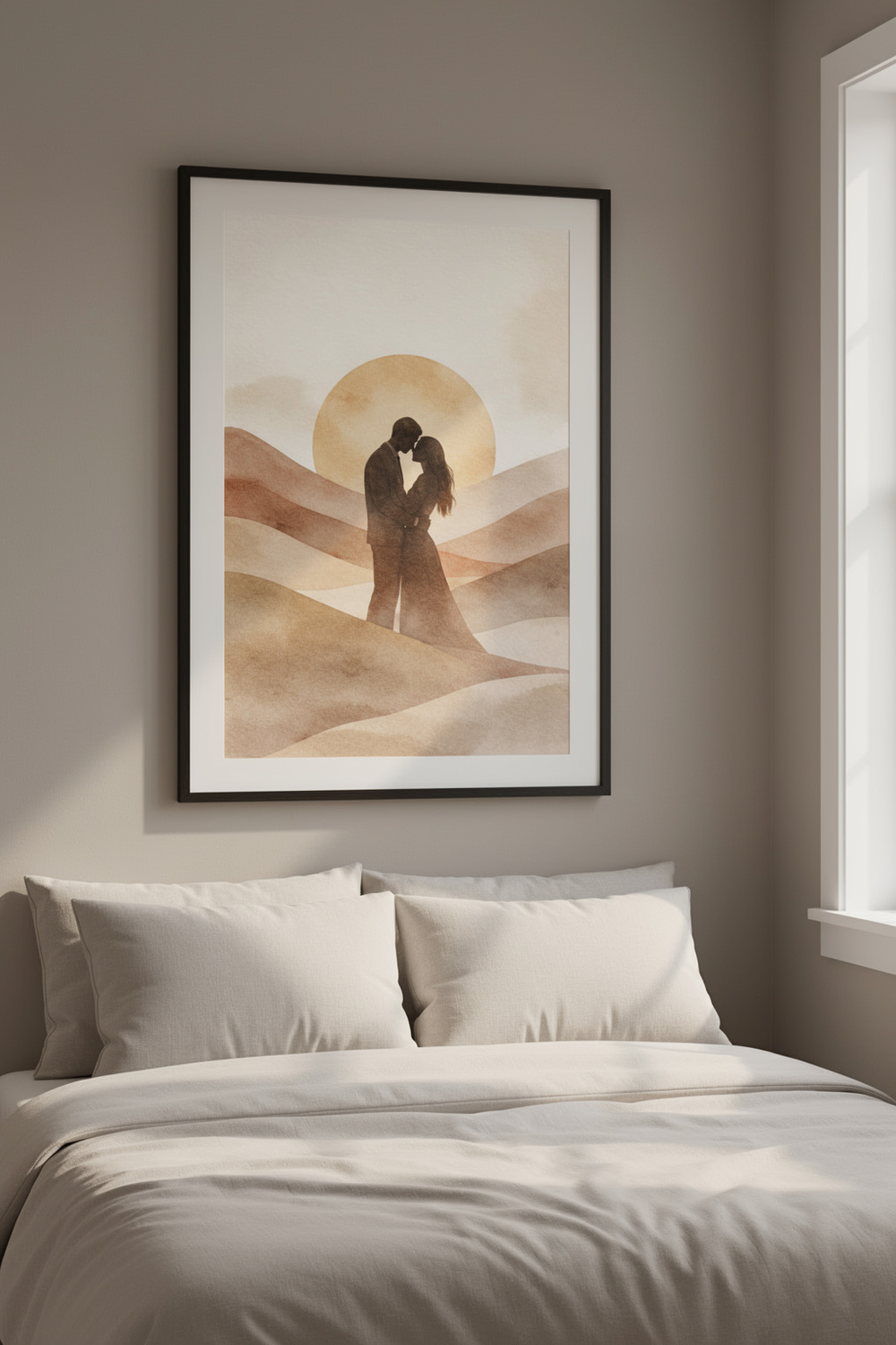 in frame Silhouette of couple kissing in desert at sunset, sepia tones, romantic, minimalist style hanging in a bedroom wall.