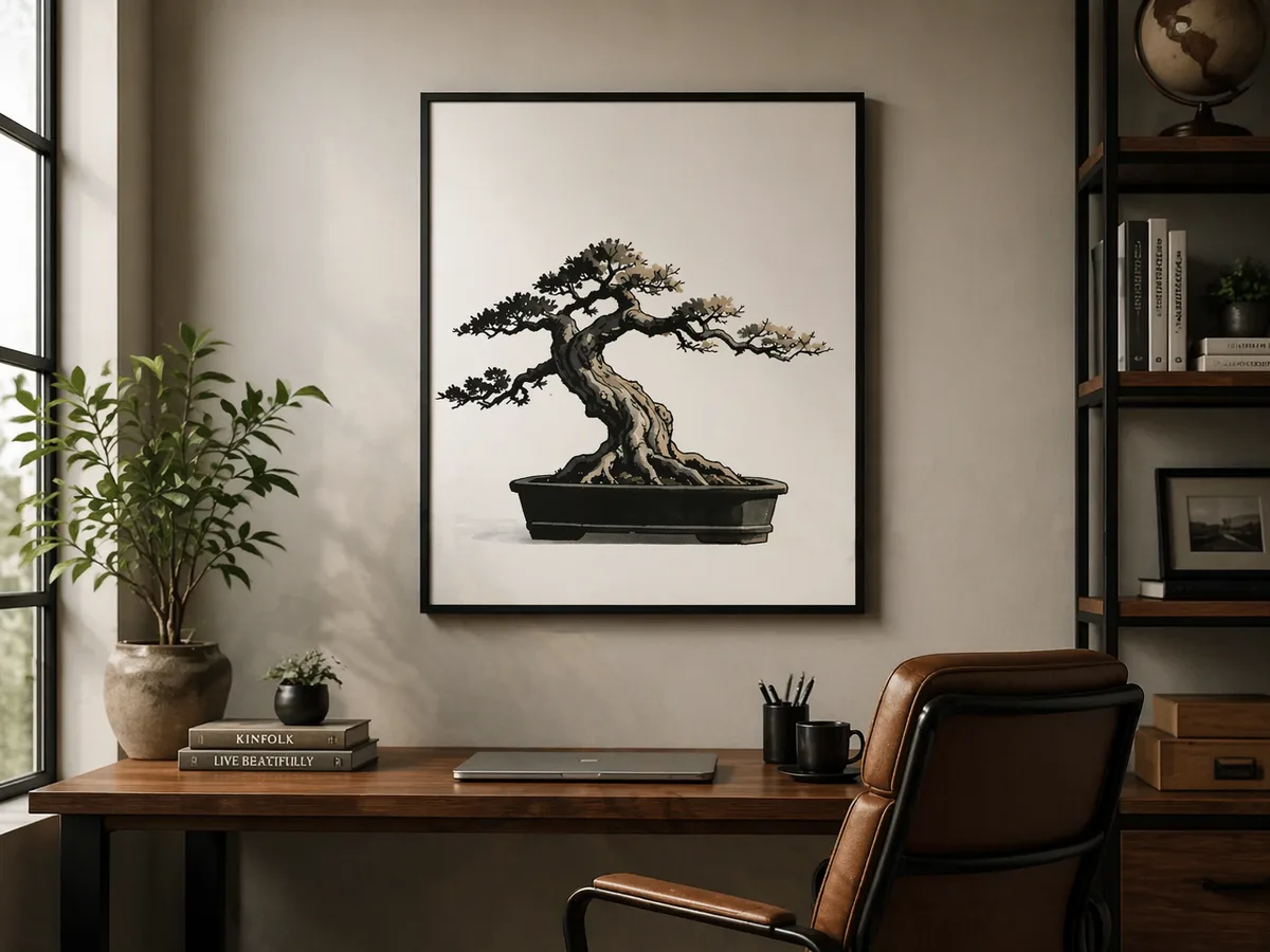 Close-up of the intricate details of the bonsai tree branches and leaves.