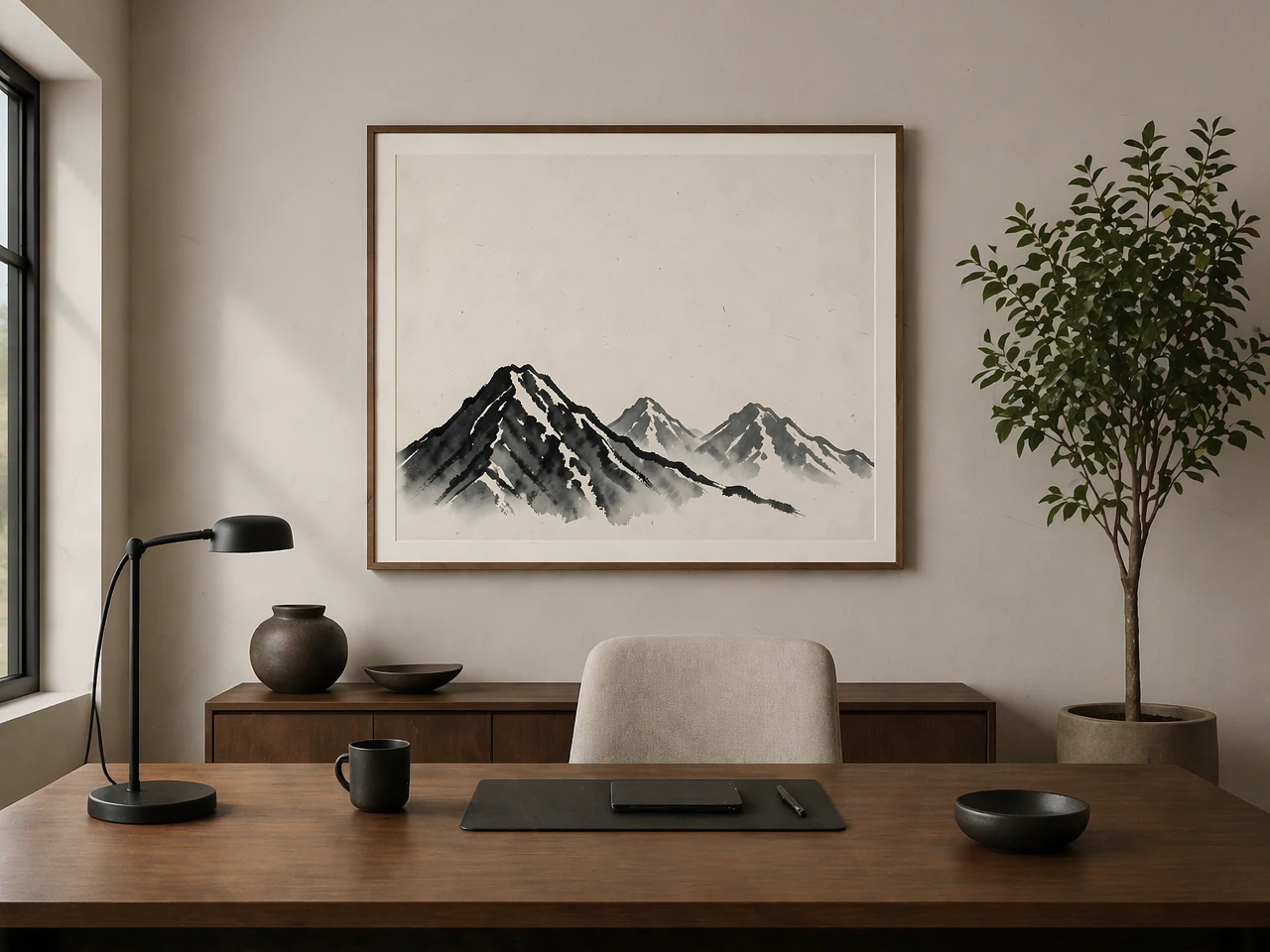 Close-up of the mountain peaks in the ink wash art